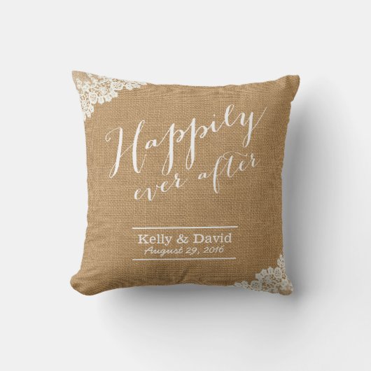 Rustic Wedding Burlap & Lace , gelukkig altijd na  Kussen (Voorkant)