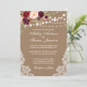 Rustic Wedding Burlap Lights Lace Floral Invite Kaart (Staand voorkant)