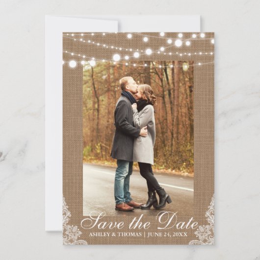 Rustic Wedding Burlap Lights Save the Date (Voorkant)