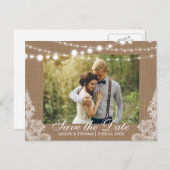Rustic Wedding Burlap Lights Save the Date Aankondigingskaart (Voorkant / Achterkant)