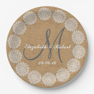 Rustic Wedding Burlap Monogram Names Lace Papieren Bordje