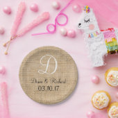 Rustic Wedding Burlap Naam Datum Monogram Papieren Bordje (Feest)