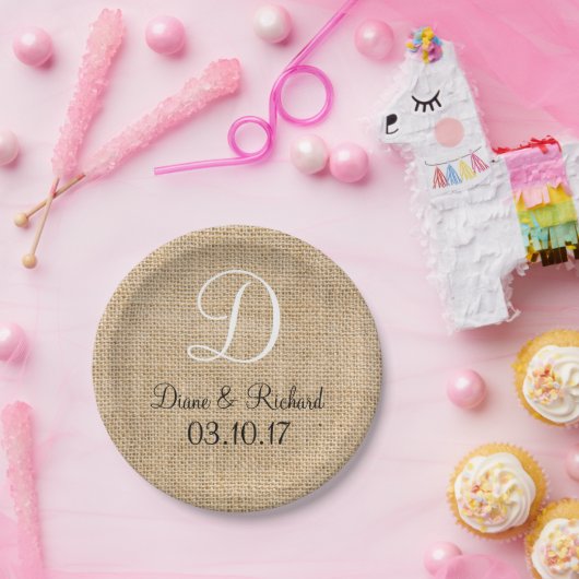 Rustic Wedding Burlap Naam Datum Monogram Papieren Bordje (Feest)