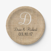 Rustic Wedding Burlap Naam Datum Monogram Papieren Bordje (Voorkant)