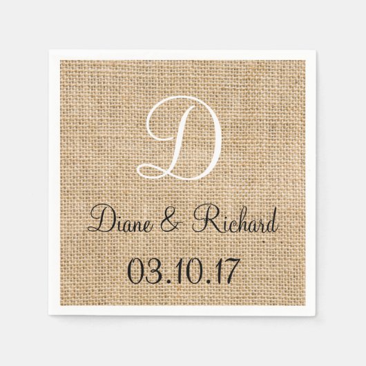 Rustic Wedding Burlap Naam Datum Monogram Servetten (Voorkant)