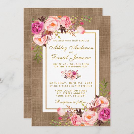 Rustic Wedding Burlap Pink Floral Wedding Invite Kaart (Voorkant / Achterkant)