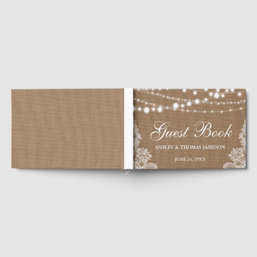 Rustic Wedding Burlap String Lights Lace Gastenboek (Volledig)
