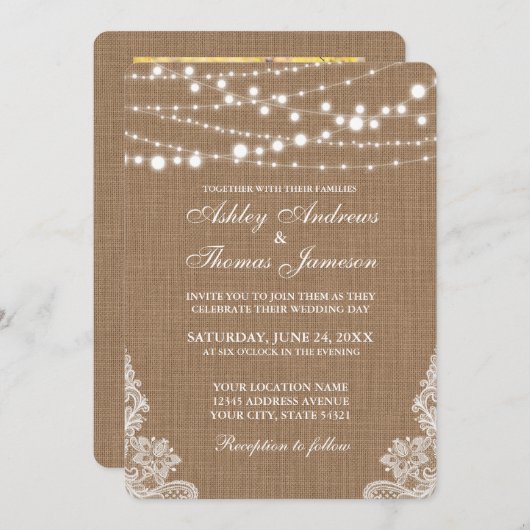 Rustic Wedding Burlap String Lights Lace Invite PR Kaart (Voorkant / Achterkant)