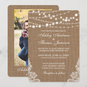 Rustic Wedding Burlap String Lights Lace Invite PR Kaart
