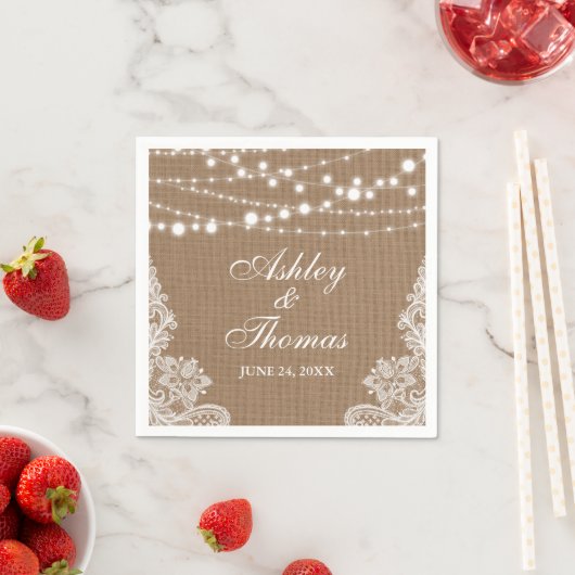 Rustic Wedding Burlap String Lights Lace Servetten (Insitu)