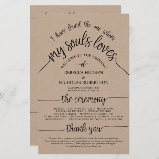 Rustic Wedding Ceremony Program Brown Kraft Card (Voorkant / Achterkant)