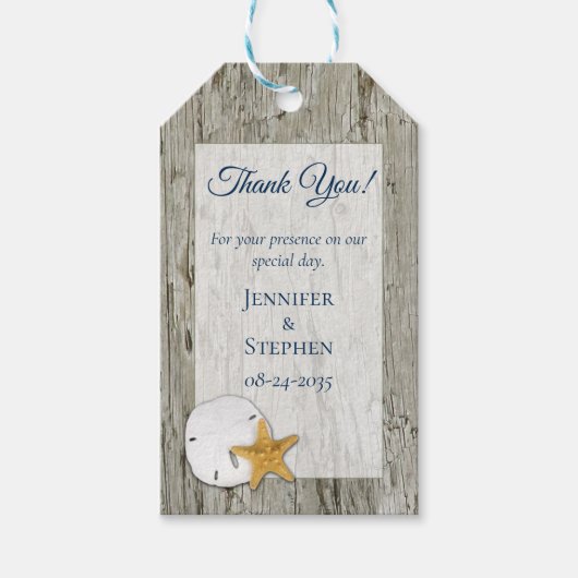 Rustic Wedding Driftwood Sand Dollar Hartelijk dan Cadeaulabel (Voorkant)