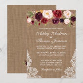 Rustic Wedding Floral Burlap Lace Invite Kaart (Voorkant / Achterkant)