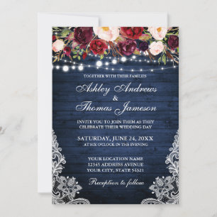 Rustic Wedding Floral Lace Blue Wood Lichten Kaart