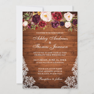 Rustic Wedding Floral Wood Lace Invite Kaart