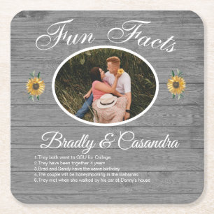 Rustic Wedding Fun Facts Sunflower Grey Wood Vierkante Kartonnen Onderzetter