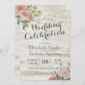 Rustic Wedding Invitation Floral Wood String Light Kaart (Voorkant / Achterkant)