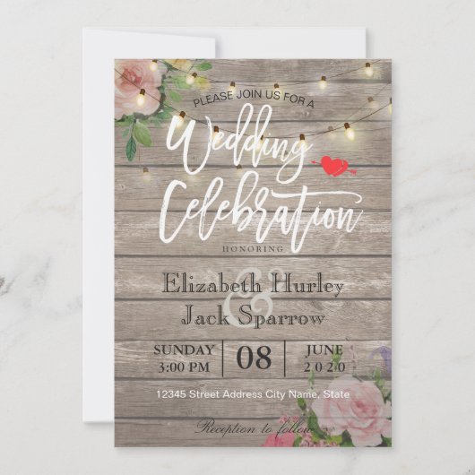 Rustic Wedding Invitation Floral Wood String Light Kaart (Voorkant)