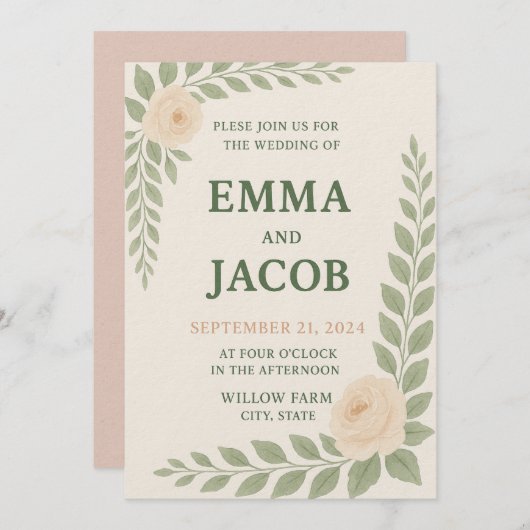 Rustic Wedding Invitation - Sage and Blush (Devant / Derrière)