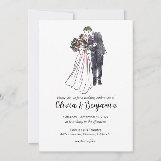 Rustic Wedding Invitation with Couple Drawing Kaart (Voorkant)