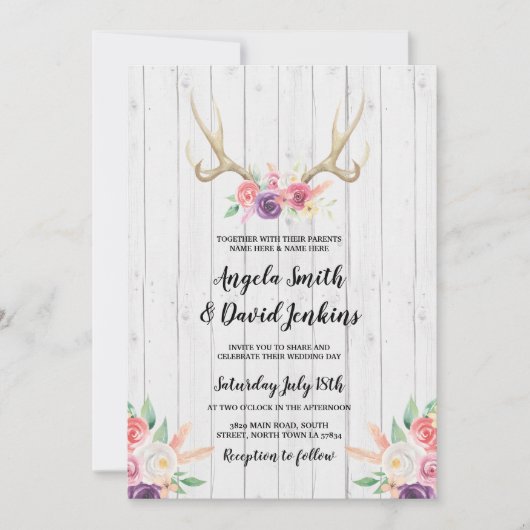 Rustic Wedding Invitations Antlers Floral Peach Kaart (Voorkant)