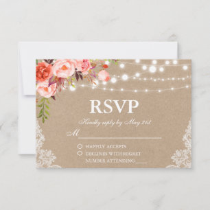 Rustic Wedding Kraft Coral Floral Lights Lace RSVP