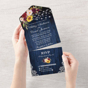 Rustic Wedding Mixed Floral Blue Wood Lights All In One Uitnodiging