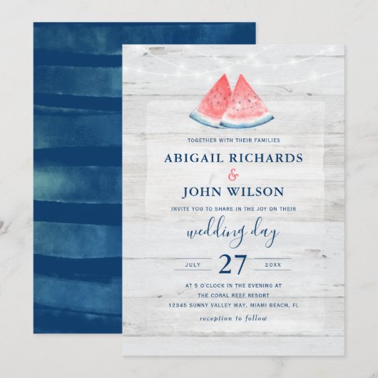 Rustic Wedding Navy Coral Waterverf Watermelon Kaart (Voorkant / Achterkant)