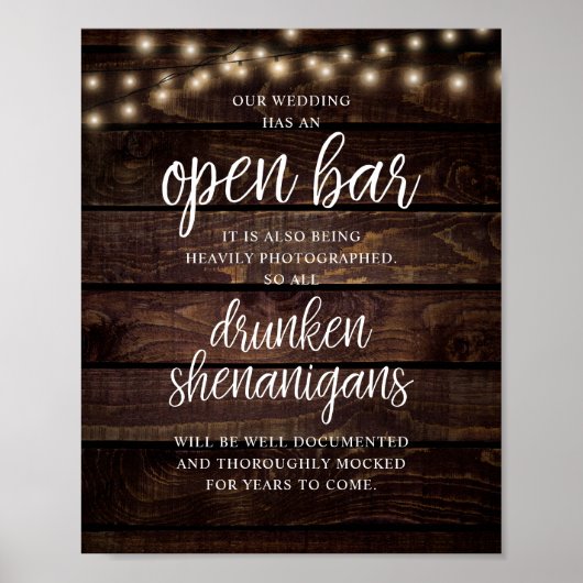 Rustic Wedding Open Bar, Drunken Shenanigans Poster (Voorkant)