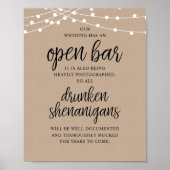 Rustic Wedding Open Bar, Drunken Shenanigans Poster (Voorkant)