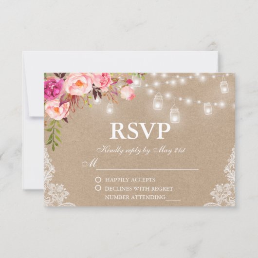Rustic Wedding Pink Floral Lights Jars Kraft RSVP (Voorkant)