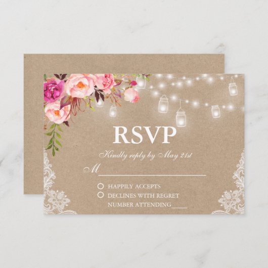 Rustic Wedding Pink Floral Lights Jars Kraft RSVP (Voorkant / Achterkant)