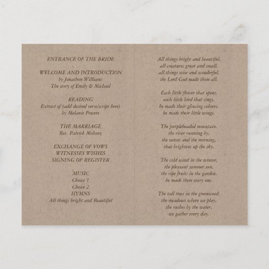 Rustic Wedding Program Order of Service Kraft Kijk (Achterkant)