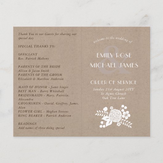 Rustic Wedding Program Order of Service Kraft Kijk (Voorkant)