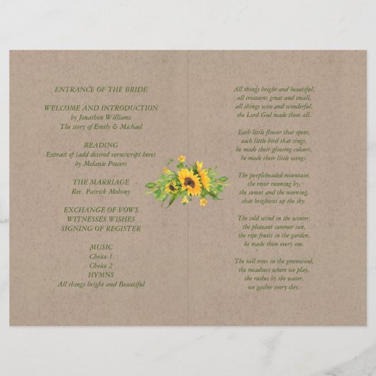 Rustic Wedding Programme SUNFLOWERS Kraft Kijk (Achterkant)