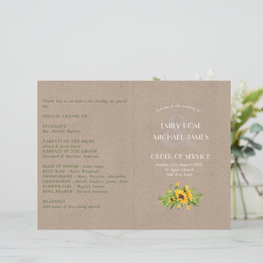 Rustic Wedding Programme SUNFLOWERS Kraft Kijk (Staand voorkant)