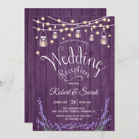 Rustic Wedding Reception - Lavender Paars Wood Kaart (Voorkant / Achterkant)