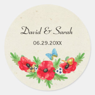 Rustic Wedding Red Poppy Waterverf met namen Ronde Sticker