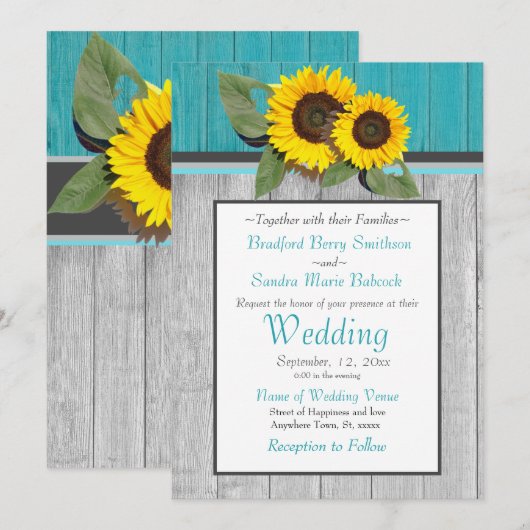 Rustic Wedding Sunflower Blauwgroen Wood Grijze st Kaart (Voorkant / Achterkant)