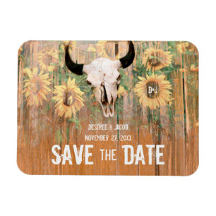 Rustic Wedding Sunflower Bull Skull Save the Date Magneet