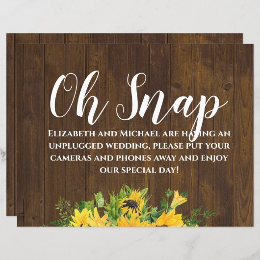 Rustic Wedding Unplugged Oh Snap Wood Sunflower (Voorkant / Achterkant)