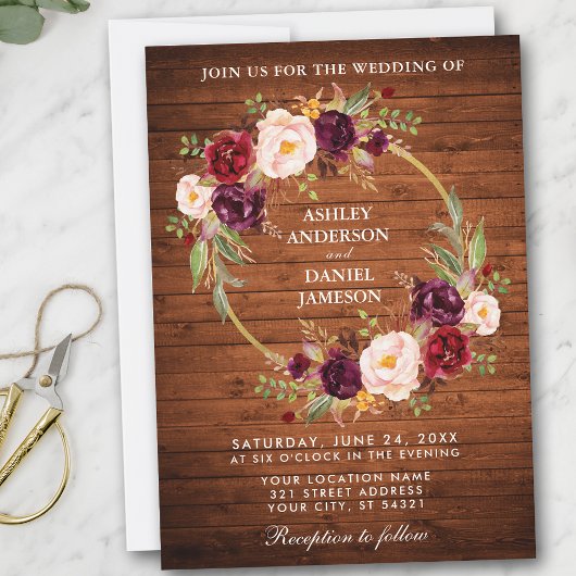 Rustic Wedding Wood Burgundy Floral Wreath Invite Kaart
