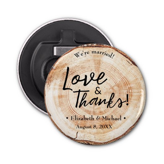 Rustic Wedding wood Cut Disk Love and Bedankt Button Flesopener (Voorkant)
