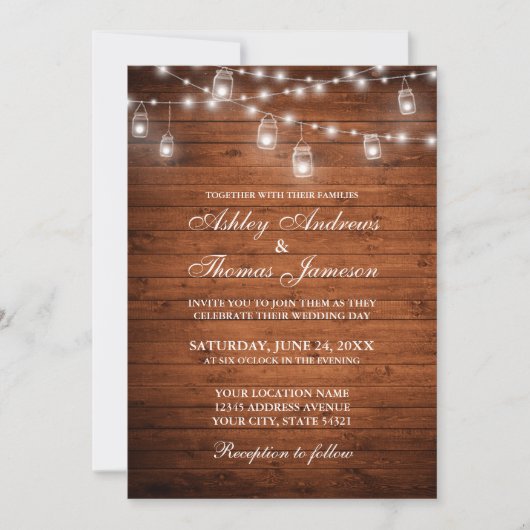Rustic Wedding Wood Jar String Lights Kaart (Voorkant)