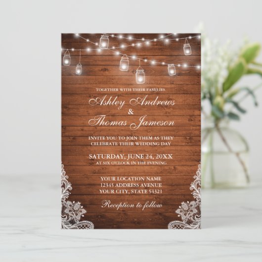 Rustic Wedding Wood Jar String Lights Lace Kaart (Staand voorkant)