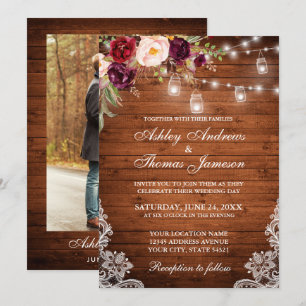Rustic Wedding Wood Licht Jars Lace Floral Foto Kaart