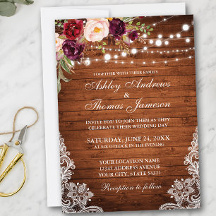 Rustic Wedding Wood Licht Lace Floral Invite Kaart