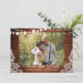 Rustic Wedding Wood Licht Lace Save the Date (Staand voorkant)