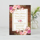 Rustic Wedding Wood Pink Floral Wedding Invite Kaart (Staand voorkant)