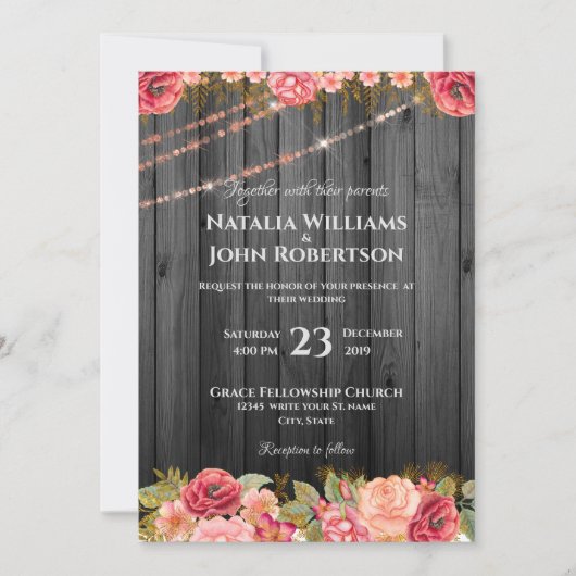 Rustic Wedding Wood Roos Licht Floral Kaart (Voorkant)
